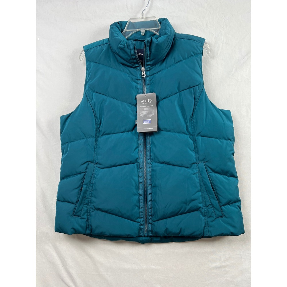 Lands' End Puffer Vest Womens L 14-16 Teal HyperDRY Down Quilted Zip Up